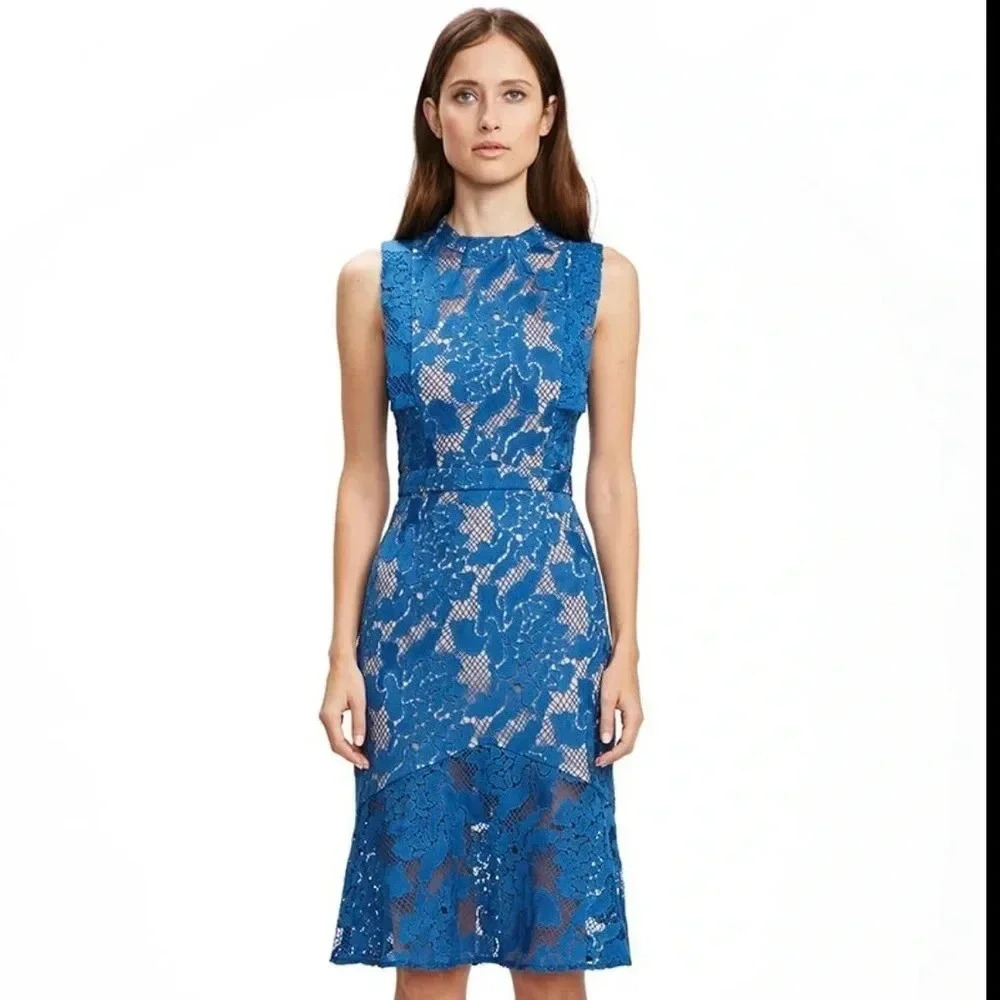 Cooper St Women’s Blue Lace Midi Column Dress‎ High Neck Size 2